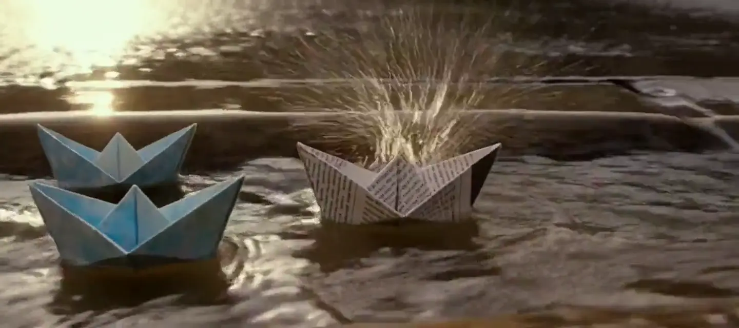 MiniMax H3 render of paper boats racing down a gutter