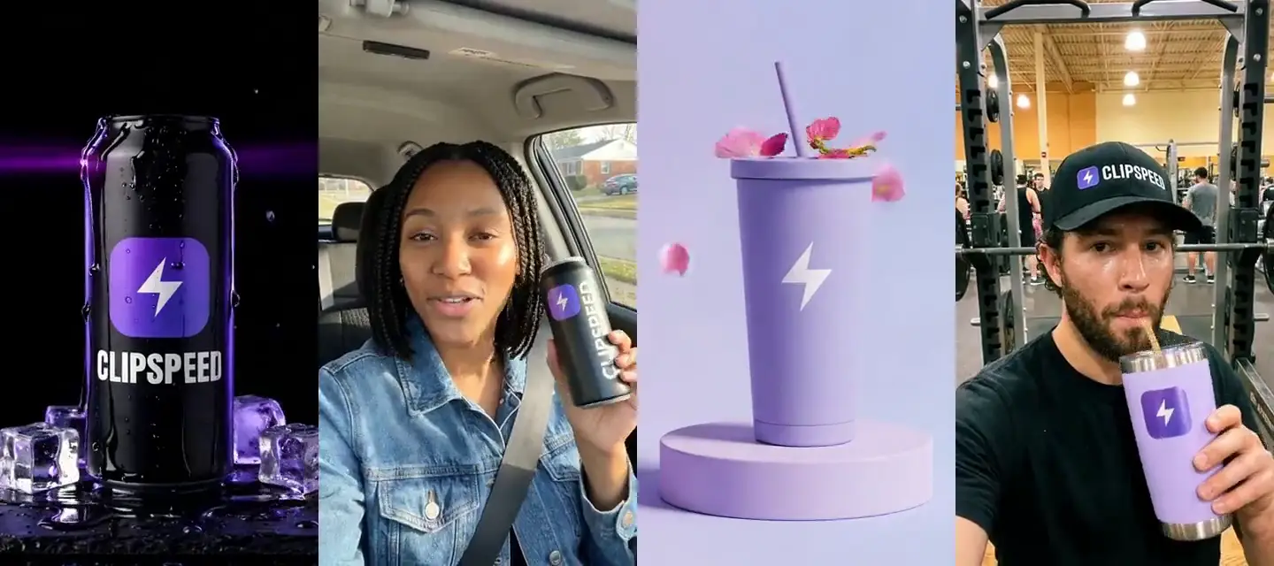 Four AI product videos: a can, a car selfie, a tumbler and a gym selfie
