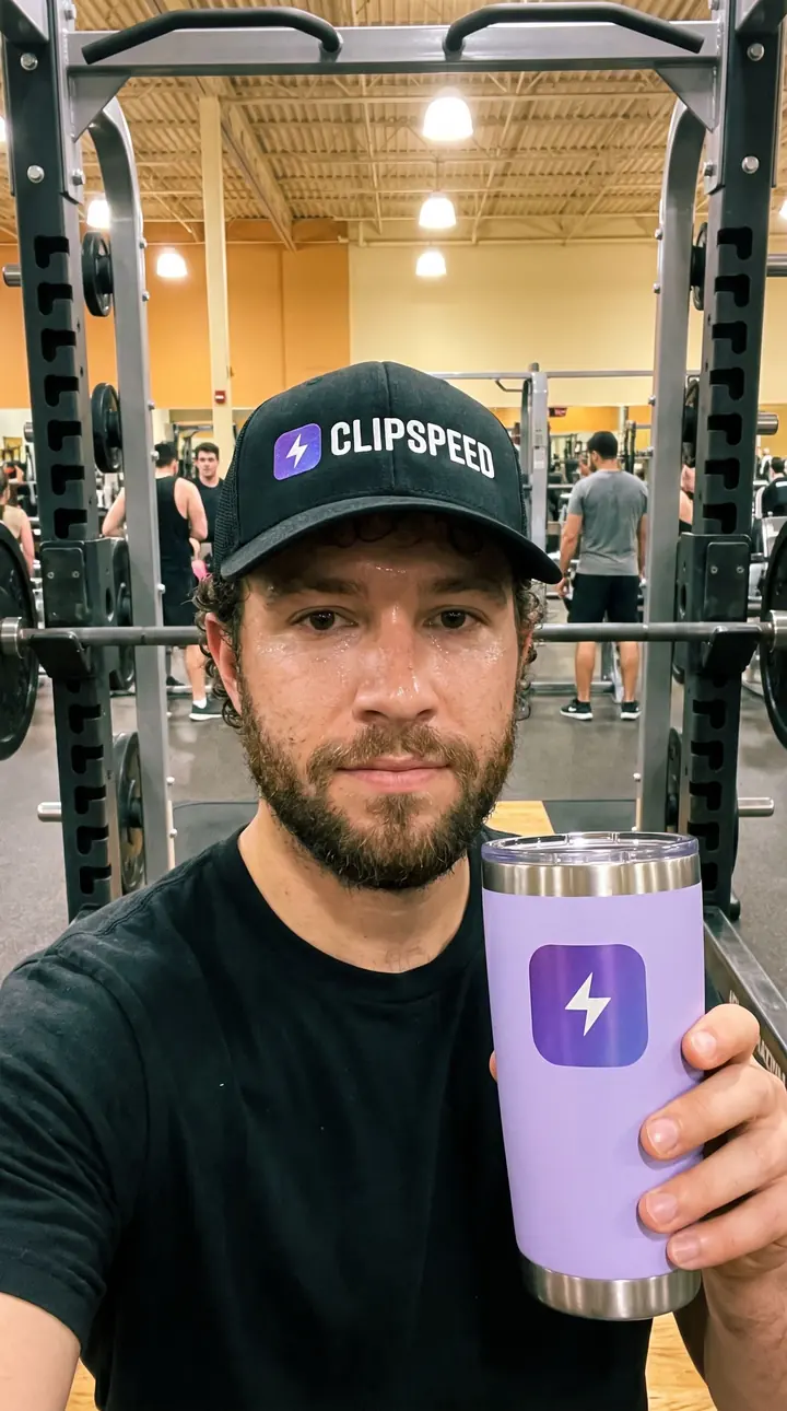 AI-generated gym selfie with a tumbler