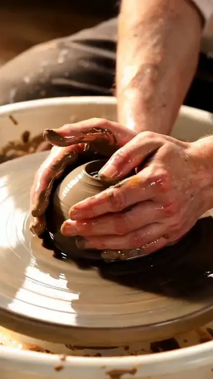 Hands shaping clay on a pottery wheel