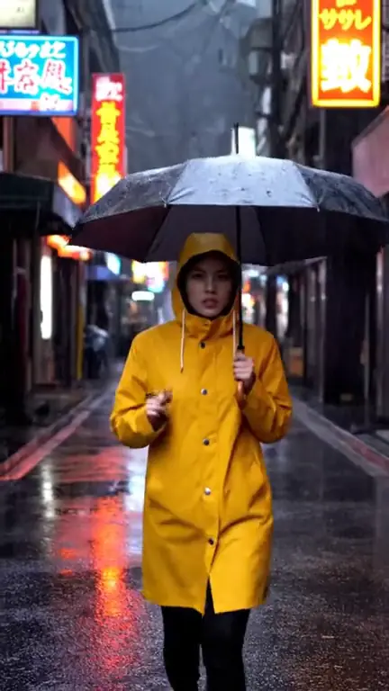 Woman in a yellow raincoat in a neon alley, generated with Veo 3.1