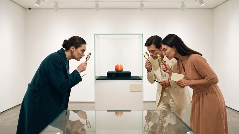 Gallery visitors lean in with magnifying glasses to inspect a perfect peach displayed in a museum case with a blank label