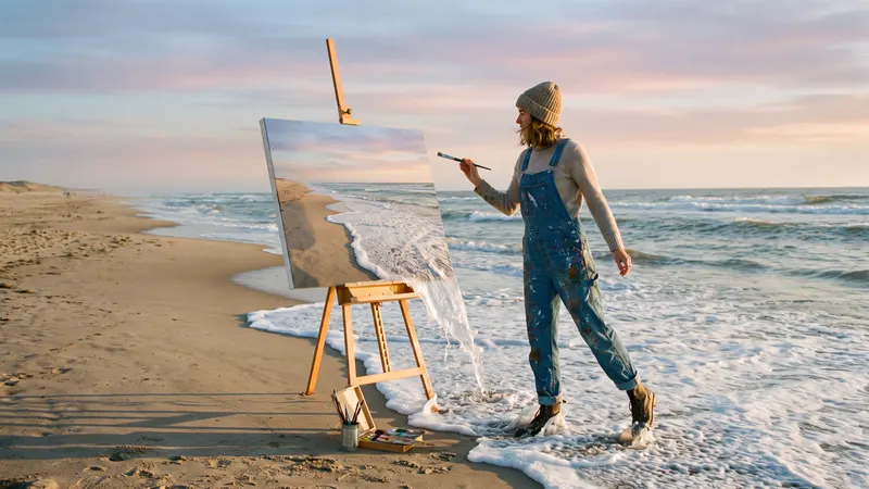 A painter on a beach works on a canvas that is a perfect photo of the same beach, with the sea spilling off the canvas