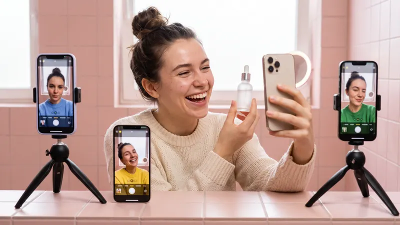 A laughing creator holds up a serum bottle and films a selfie in a pink-tiled bathroom while three phones on tripods each show a slightly different take of her