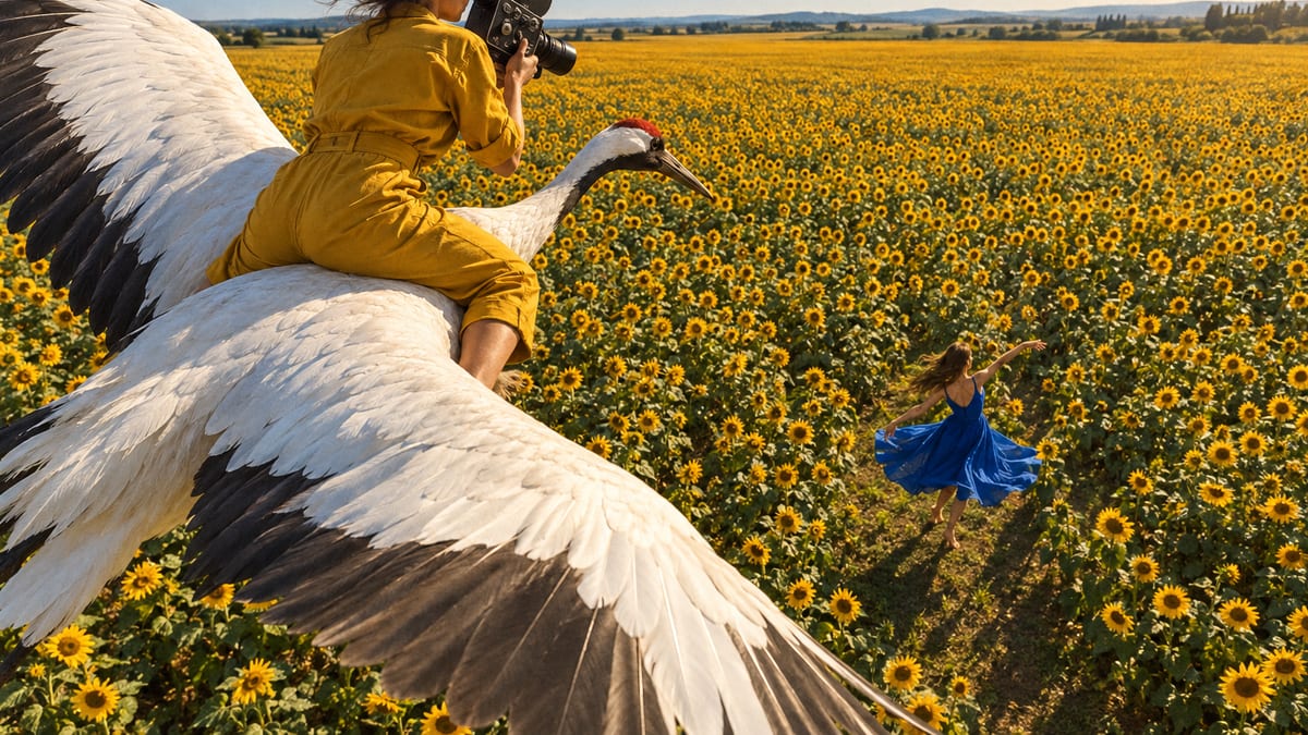 A camera operator in a yellow jumpsuit rides on the back of a giant white crane bird over a sunflower field, filming a dancer in a blue dress below.