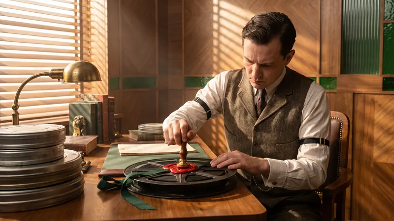 A clerk in an art-deco office presses a red wax seal onto a film reel tied with ribbon