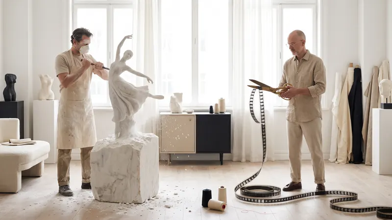 In one white studio a sculptor carves a figure from marble while a tailor cuts a long film strip with giant scissors