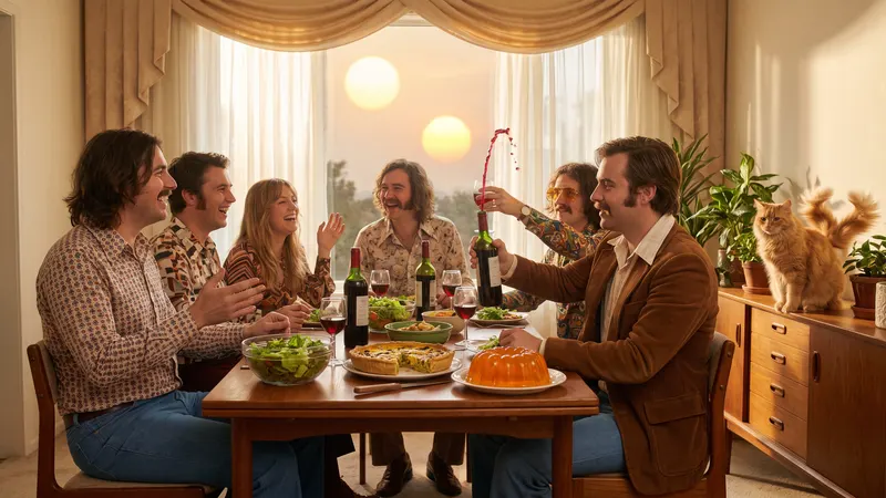 A sunny 1970s dinner party that looks normal at first glance, except two suns shine through the window and wine leaps upward out of a bottle