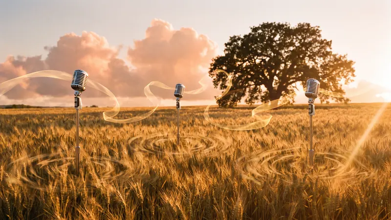 Three vintage microphones on stands in a sunlit wheat field with golden sound waves drifting through the air