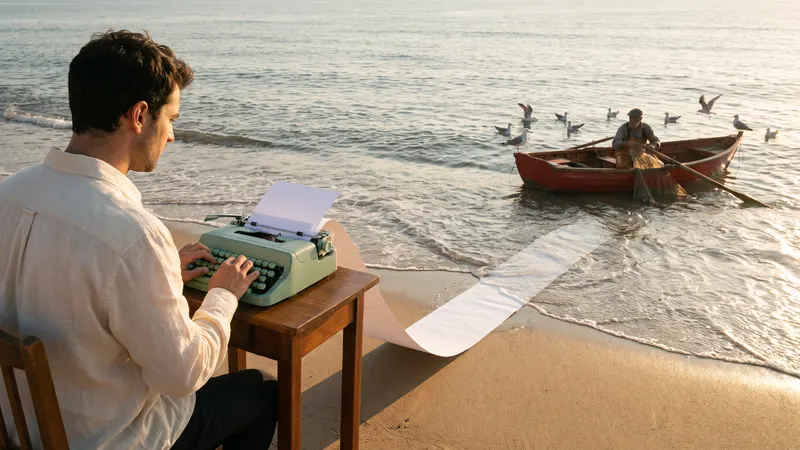 A writer types on a mint typewriter at the water’s edge while the paper scroll runs into the surf, where the scene he is writing comes to life: a fisherman in a rowing boat among gulls