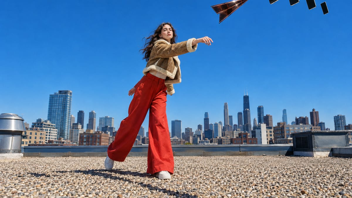 A woman in a shearling flight jacket on a city rooftop throws a paper airplane folded from 35mm film toward a formation of smartphones in a bright blue sky