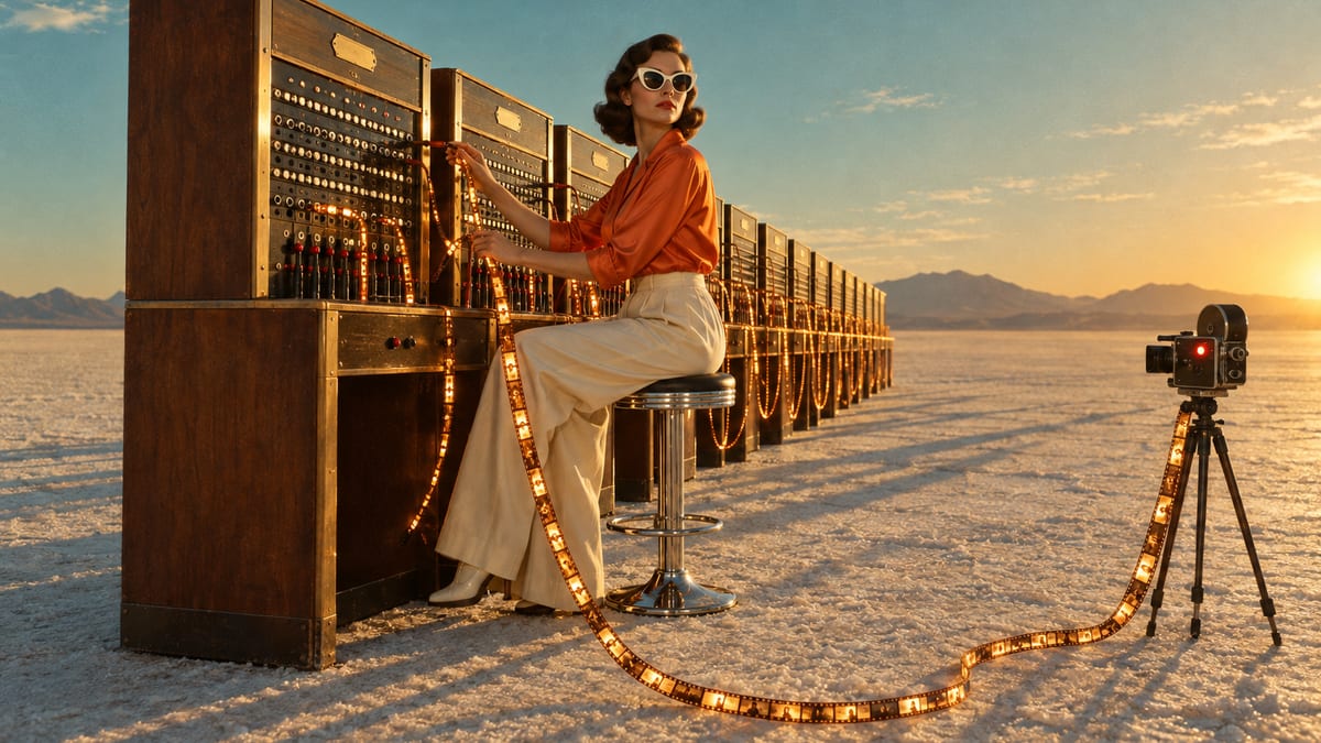 A switchboard operator in white sunglasses plugs glowing film-strip cables into a row of vintage brass-and-walnut switchboards on a desert salt flat at golden hour, one cable running to a small movie camera.