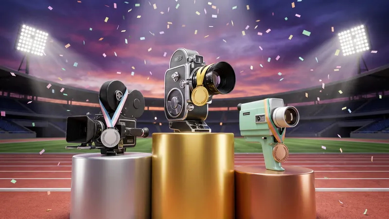 Three vintage film cameras stand on a gold, silver and bronze podium in an empty stadium as confetti falls