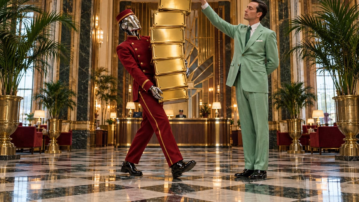 A chrome robot in a crimson bellhop uniform carries a wobbling tower of blank gold award plaques across an Art Deco hotel lobby while a concierge steadies the top plaque with one finger.