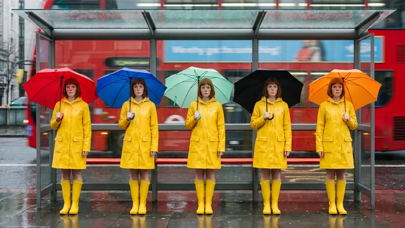 Five identical red-haired women in yellow raincoats wait at a bus stop in heavy rain, each holding a different coloured umbrella