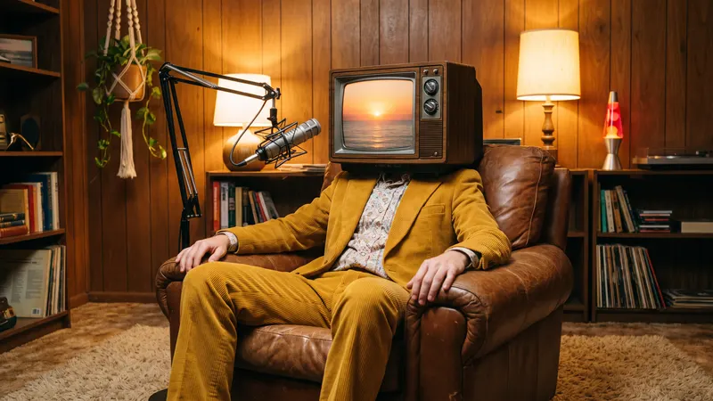A podcaster whose head is a glowing vintage TV showing a sunset sits in a 1970s armchair beside a studio microphone