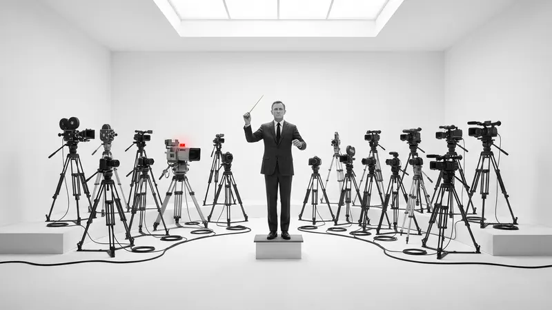 A conductor in a tailored suit directs an orchestra of film cameras on tripods in a white studio