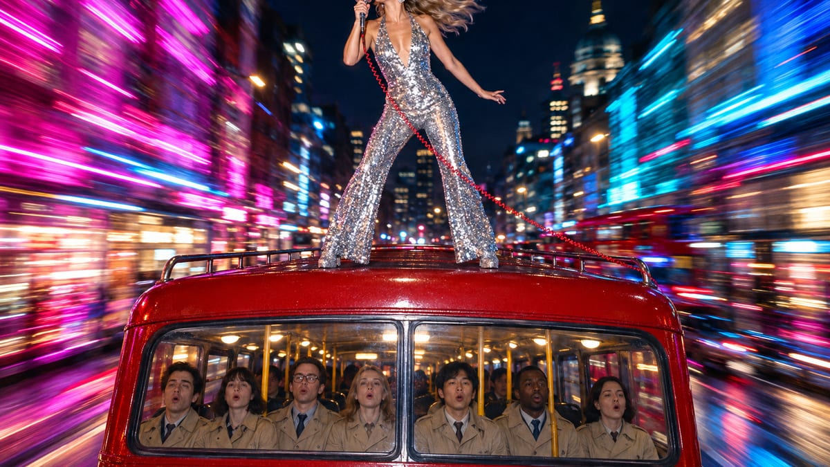 A singer in a silver sequined jumpsuit sings on the roof of a moving double-decker bus at night while commuters in the top-deck windows below mouth the same note.