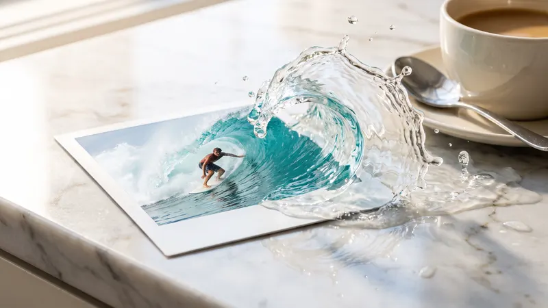 A Polaroid of a surfer on a kitchen counter with the wave spilling out of the photo and splashing across the countertop