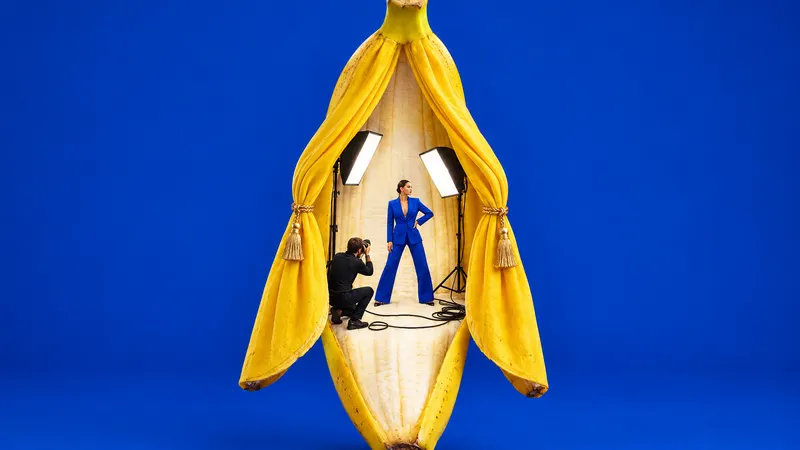 A giant peeled banana on a cobalt backdrop, its peel drawn back like theatre curtains to reveal a miniature photo shoot with a model under two softboxes.