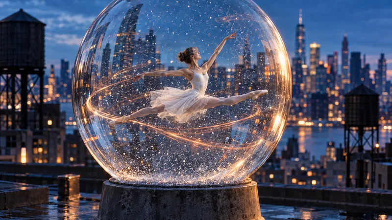 A ballet dancer mid-leap inside a giant glass snow globe on a city rooftop at blue hour, trailed by streaks of light