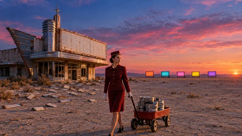 A projectionist in a burgundy usher’s uniform pulls a red wagon of film canisters across a desert salt flat at dusk, away from an abandoned chrome cinema with an empty marquee and blank letter tiles scattered in the sand, toward five small glowing drive-in screens on the horizon.