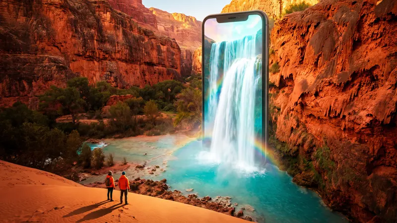 A skyscraper-sized smartphone stands in the desert like a monolith with a waterfall pouring out of its screen