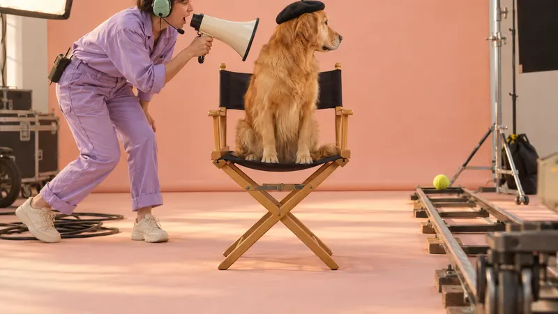 A golden retriever wearing a tiny black beret sits in a canvas director’s chair on a pastel film set, looking away at a tennis ball on a dolly track while a crew member in a headset aims a megaphone at it.