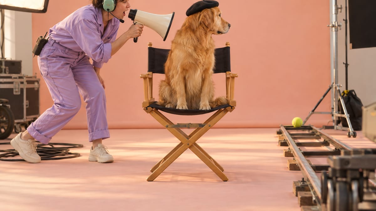 A golden retriever wearing a tiny black beret sits in a canvas director’s chair on a pastel film set, looking away at a tennis ball on a dolly track while a crew member in a headset aims a megaphone at it.