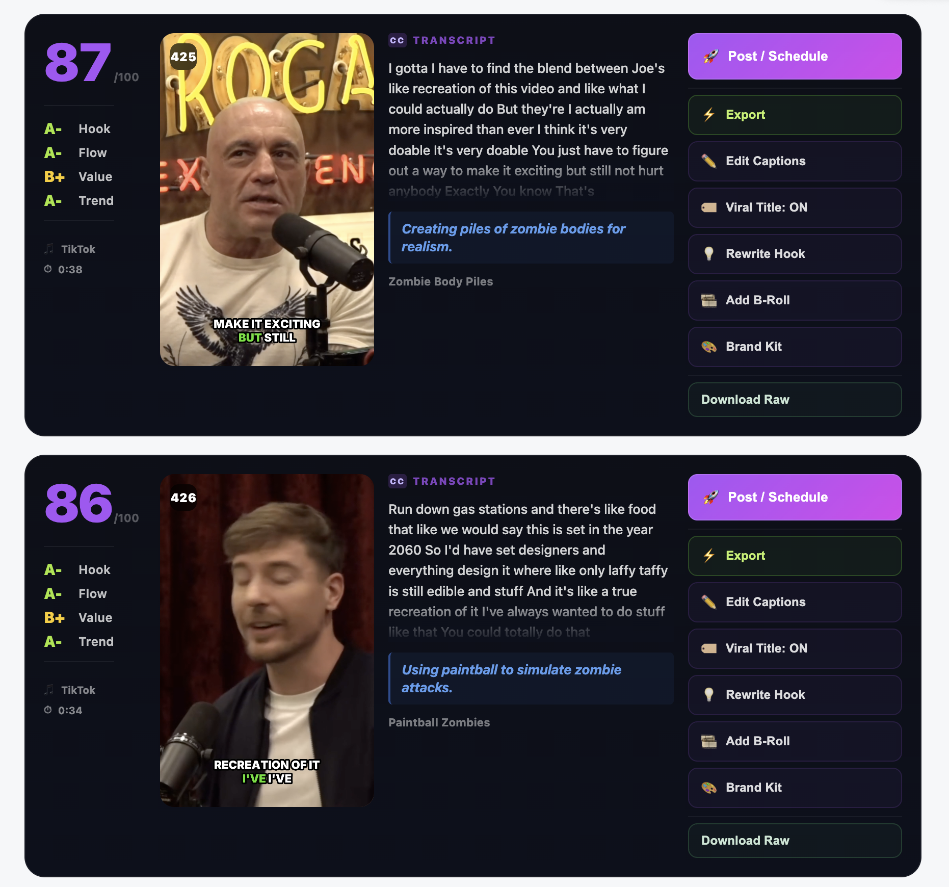 Real ClipSpeedAI clip layout showing AI scores, transcript context, and editing actions