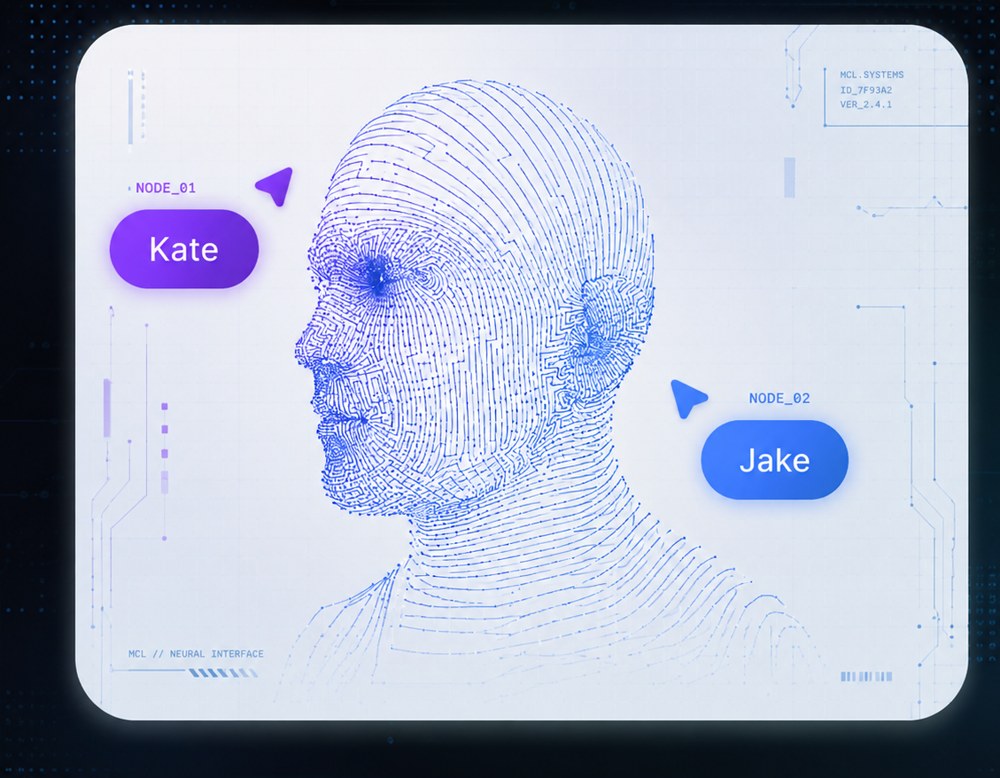 Neural interface view of an AI creator identity, with two named character nodes attached