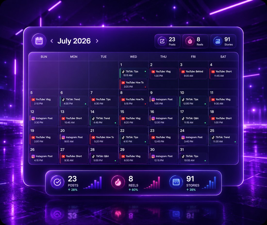 A month of scheduled posts across TikTok, YouTube and Instagram